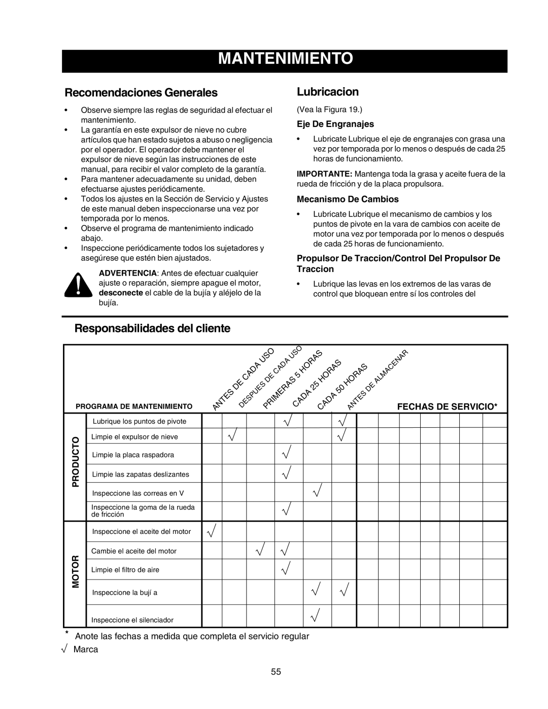 Craftsman 247.88855 owner manual Mantenimiento, Recomendaciones Generales, Lubricacion, Responsabilidades del cliente 