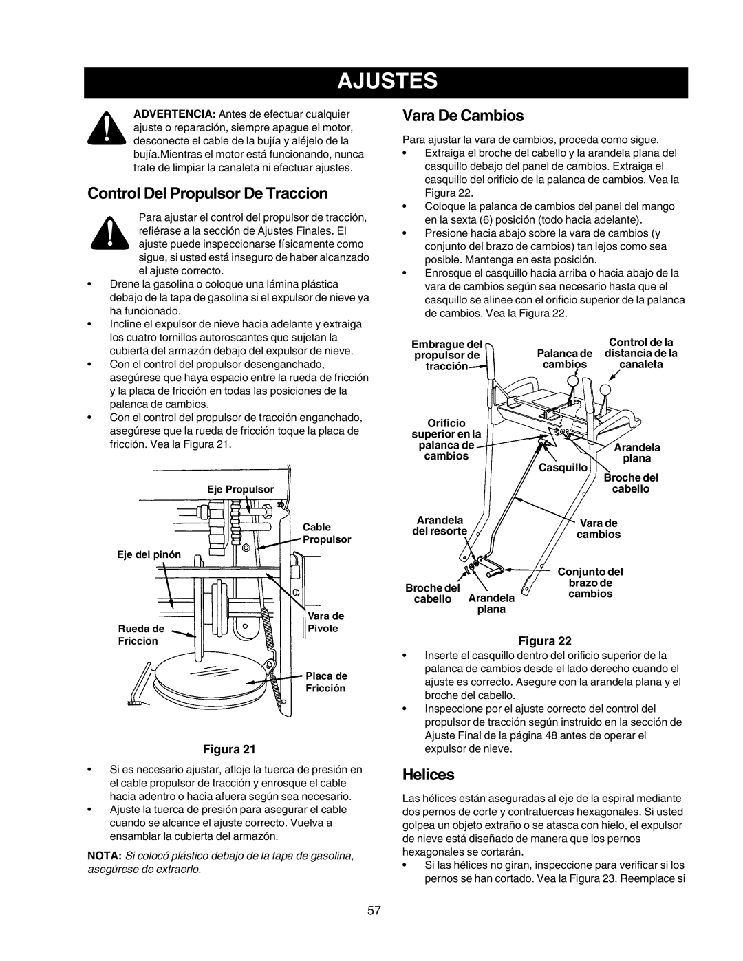 Craftsman 247.88855 owner manual Ajustes, Control Del Propulsor De Traccion, Vara De Cambios, Helices 