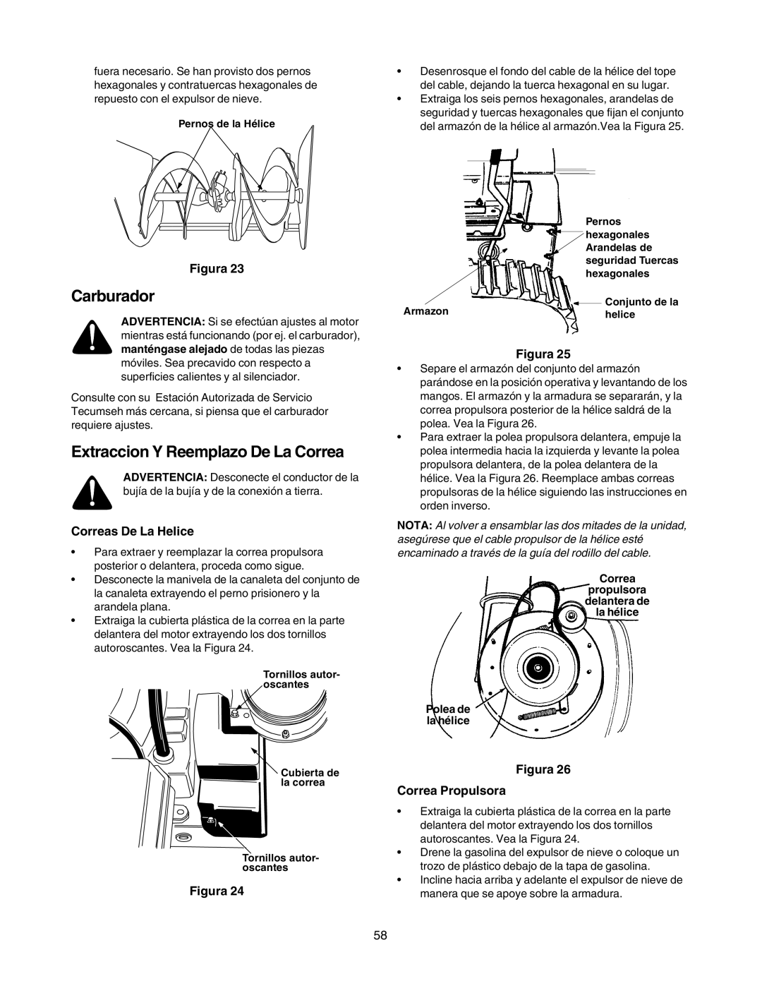 Craftsman 247.88855 owner manual Carburador, Extraccion Y Reemplazo De La Correa, Correas De La Helice 