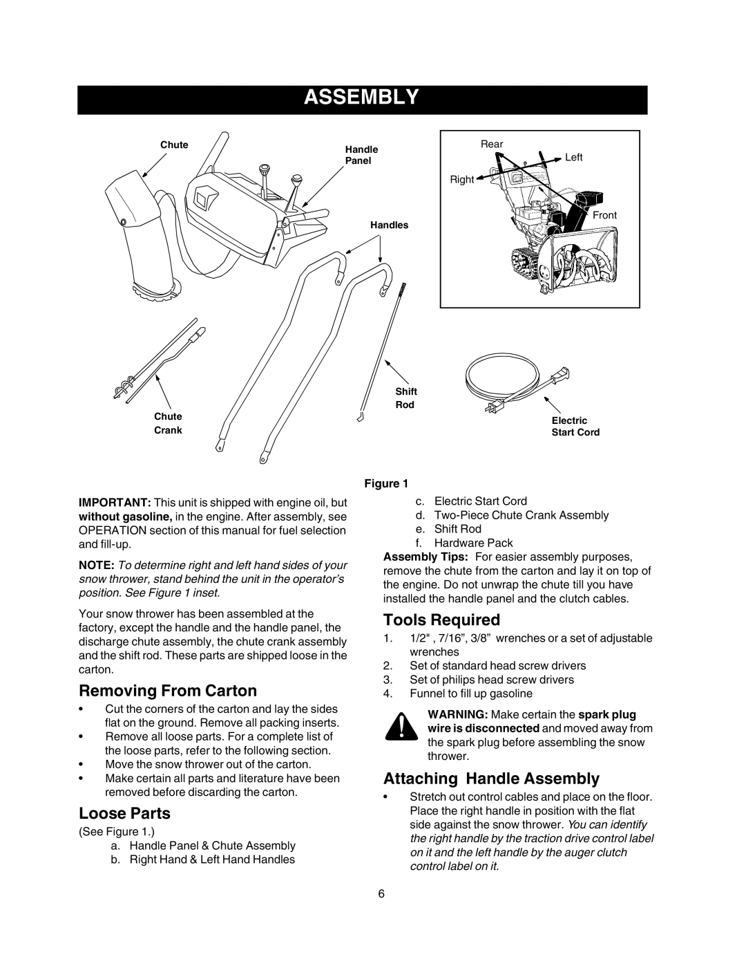 Craftsman 247.88855 owner manual Removing From Carton, Loose Parts, Tools Required, Attaching Handle Assembly 