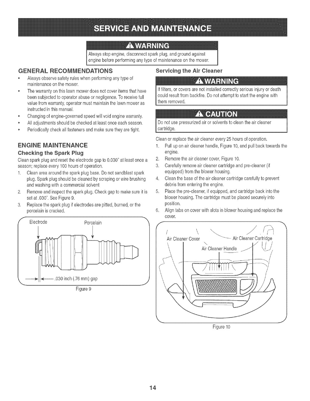 Craftsman 247.88933 manual General RECOMMENDATmONS, ENGmNE Maintenance, Servicing the Air Cleaner, AirCleanerHandle 