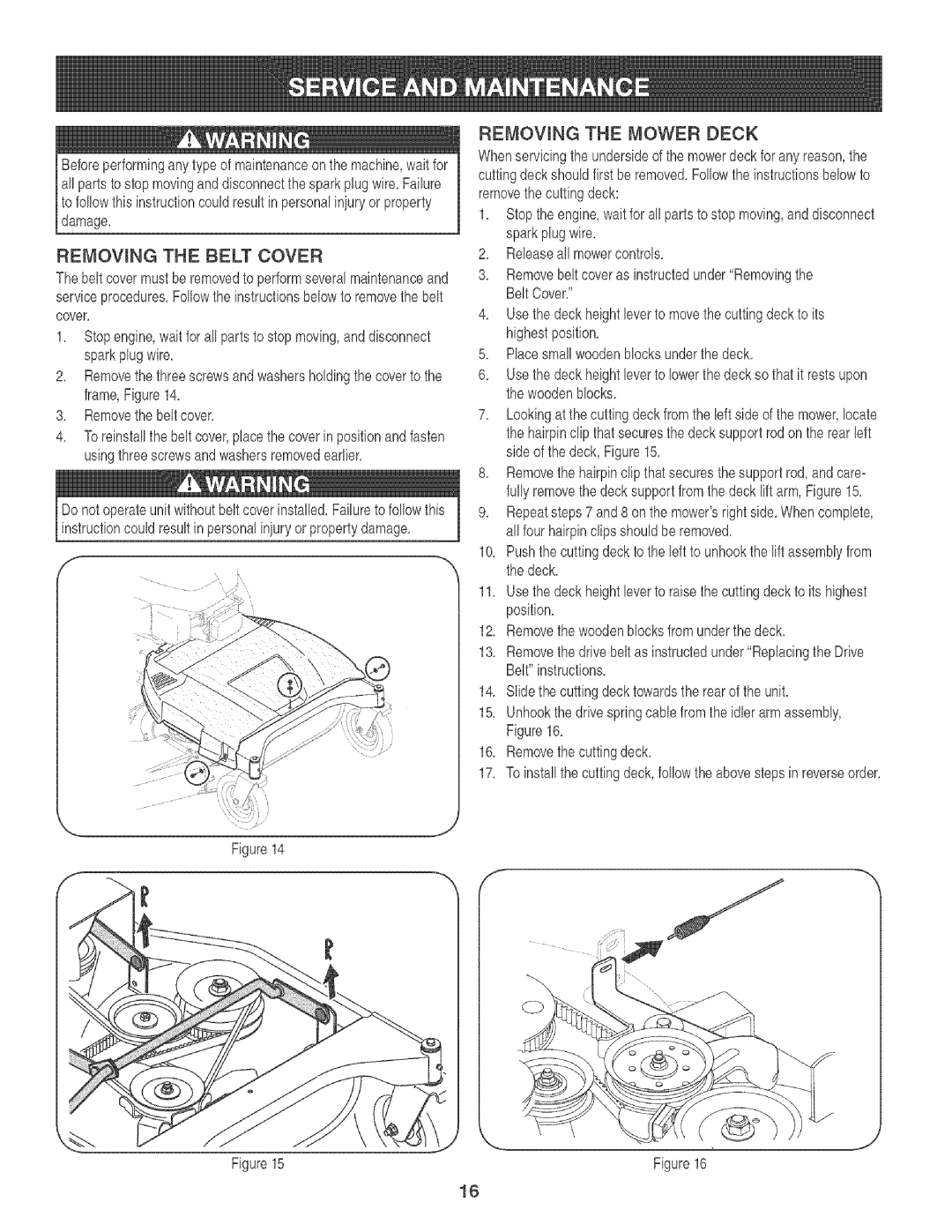 Craftsman 247.88933 manual Removing the Mower Deck, Removing the Belt Cover 