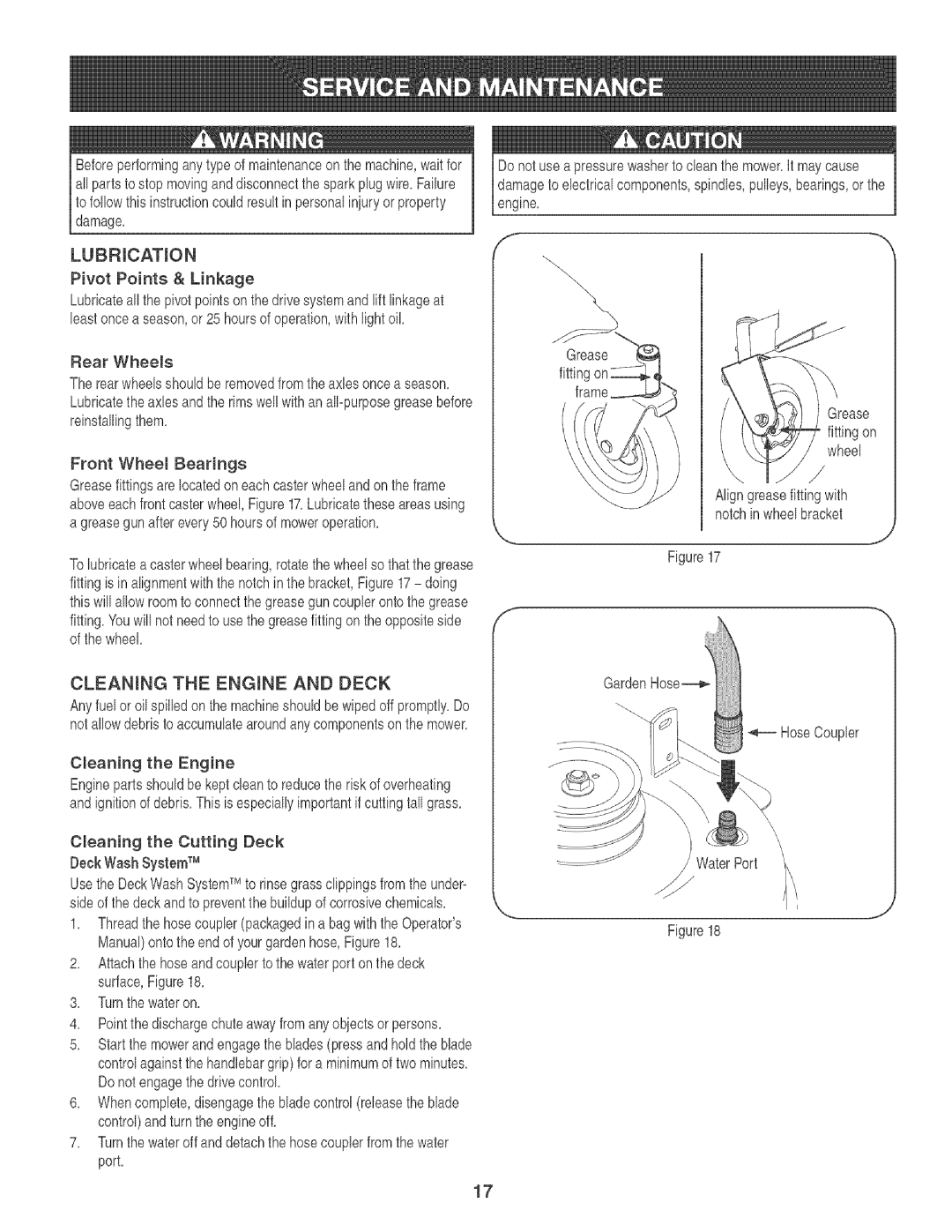 Craftsman 247.88933 manual CLEANmNG the ENGmNE and Deck, Cmeaning the Engine, Cleaning the Cutting Deck Deck WashSystemTM 