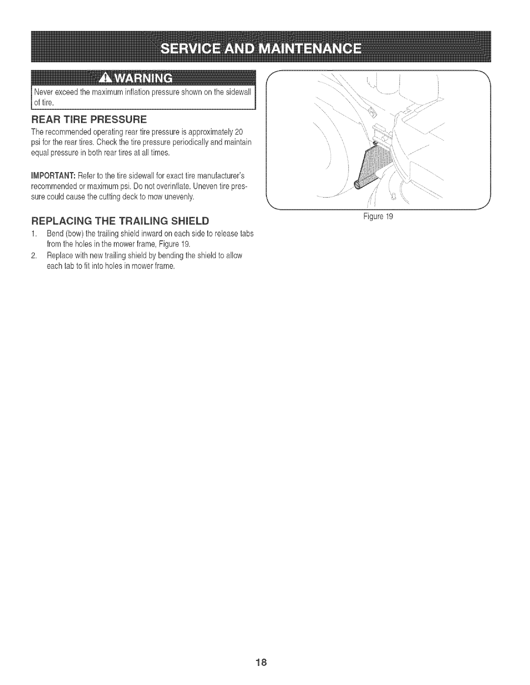 Craftsman 247.88933 manual Rear TmRE Pressure, REPLACmNG the Traiung Shield 