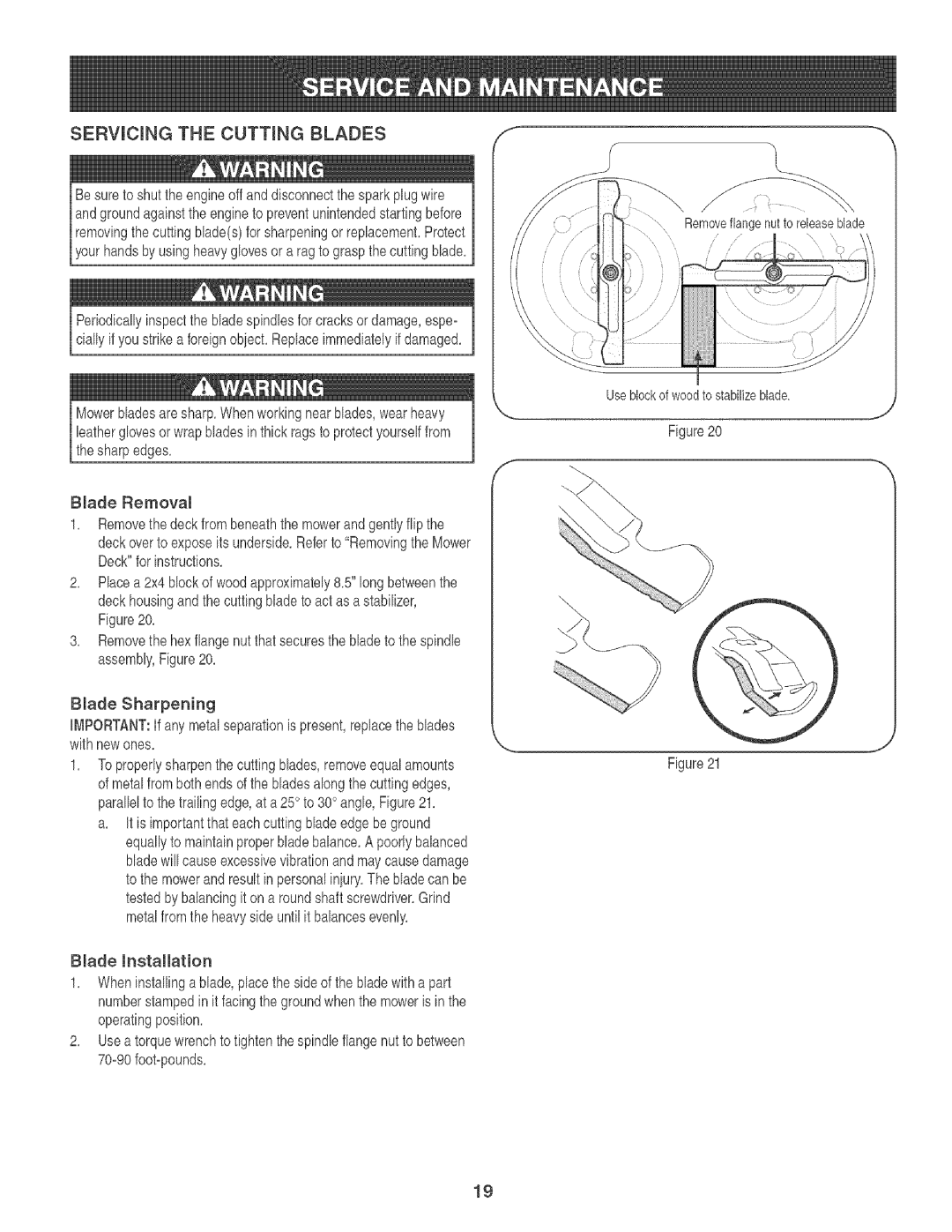 Craftsman 247.88933 manual SERVmCmNGTHE CUTTmNGBLADES, Removeflangenutto releaseblade 