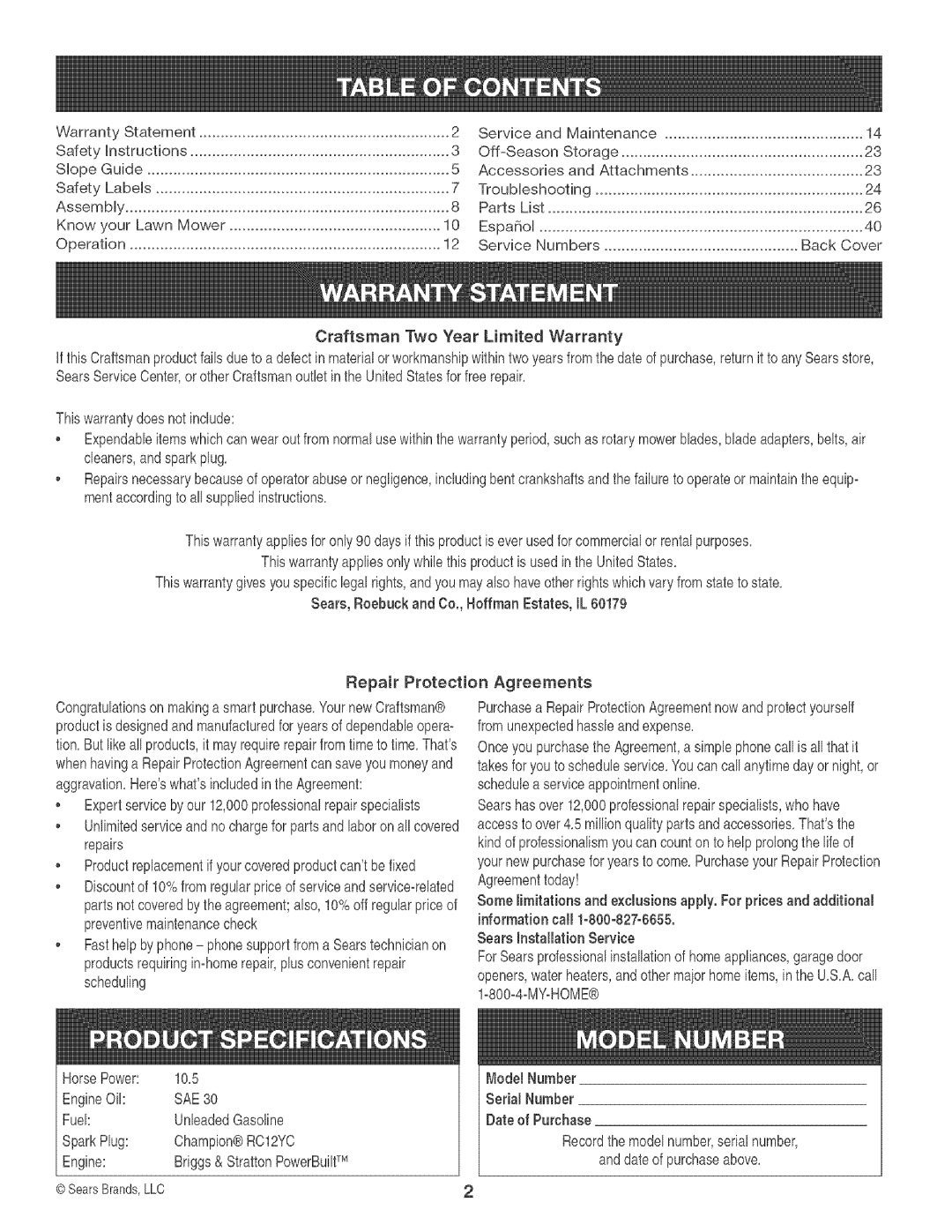 Craftsman 247.88933 manual Craftsman TwoYear Limited Warranty, HorsePower 10,5 EngineOil 