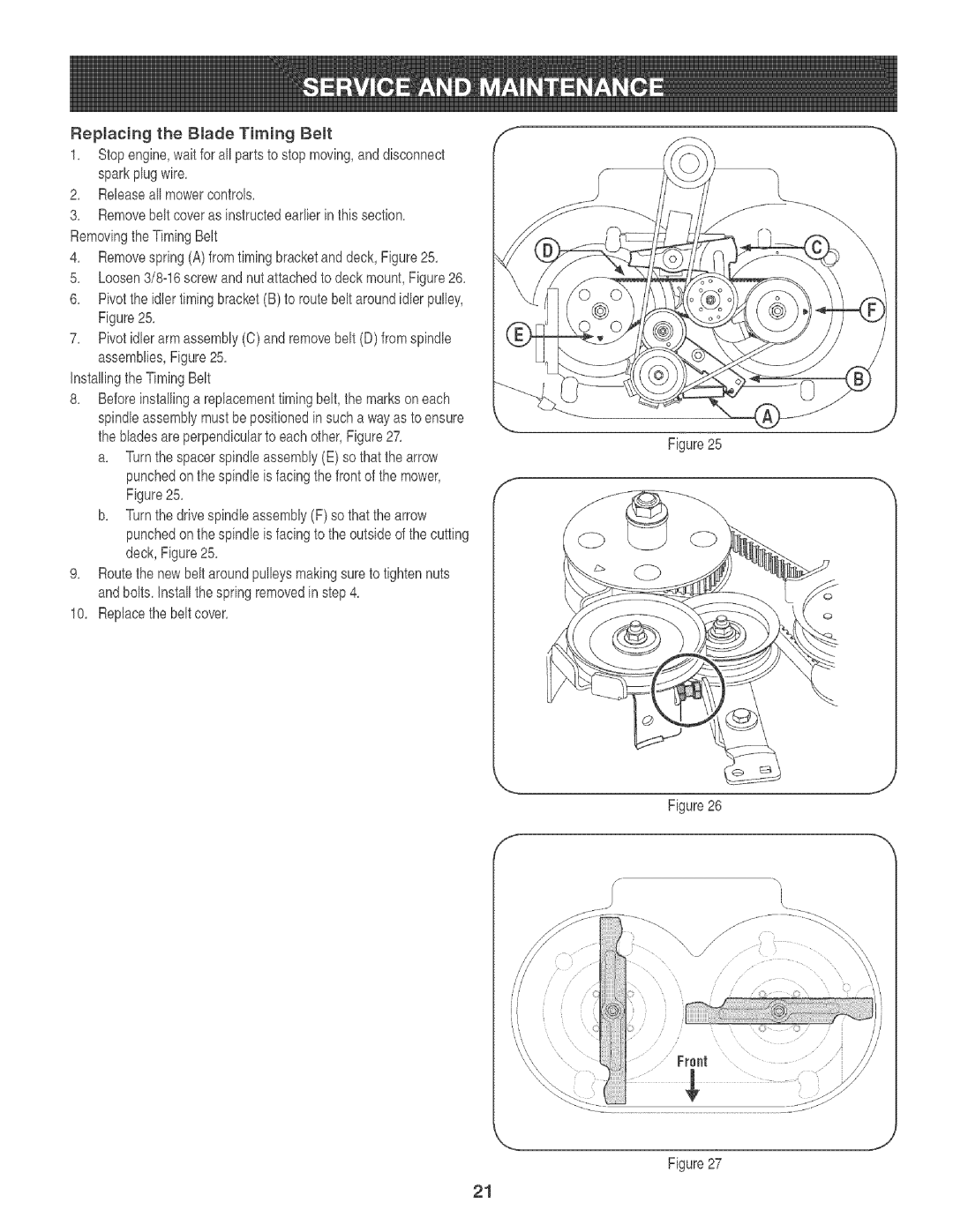 Craftsman 247.88933 manual Replacing the BmadeTiming Belt, Releaseallmowercontrols, InstallingtheTimingBelt 