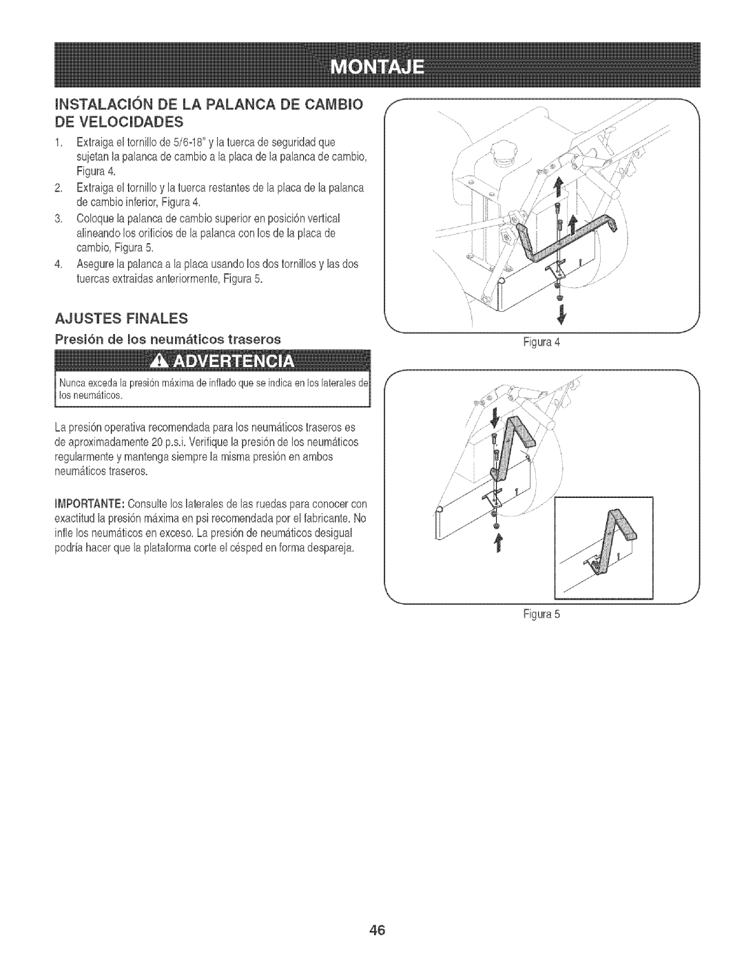 Craftsman 247.88933 manual MNSTALACI6N DE LA Palanca DE Cambio f DE VELOCmDADES, Ajustes Finales 