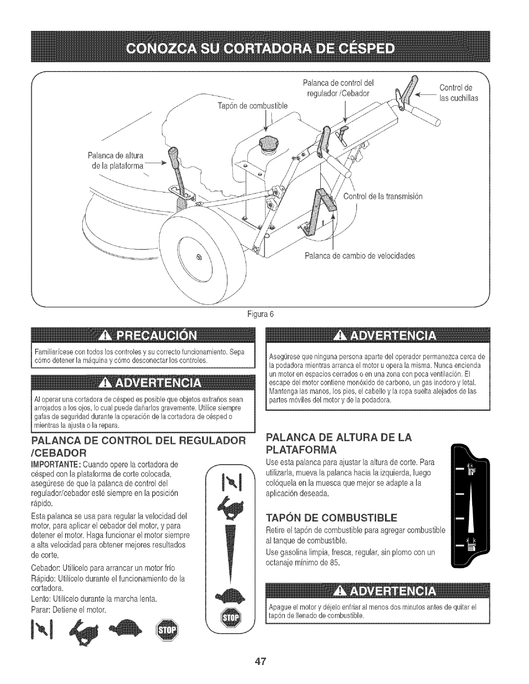 Craftsman 247.88933 manual Palanca DE Control DEL Regulador, Palanca DE Altura DE LA Plataforma, Tapon DE Combustible 