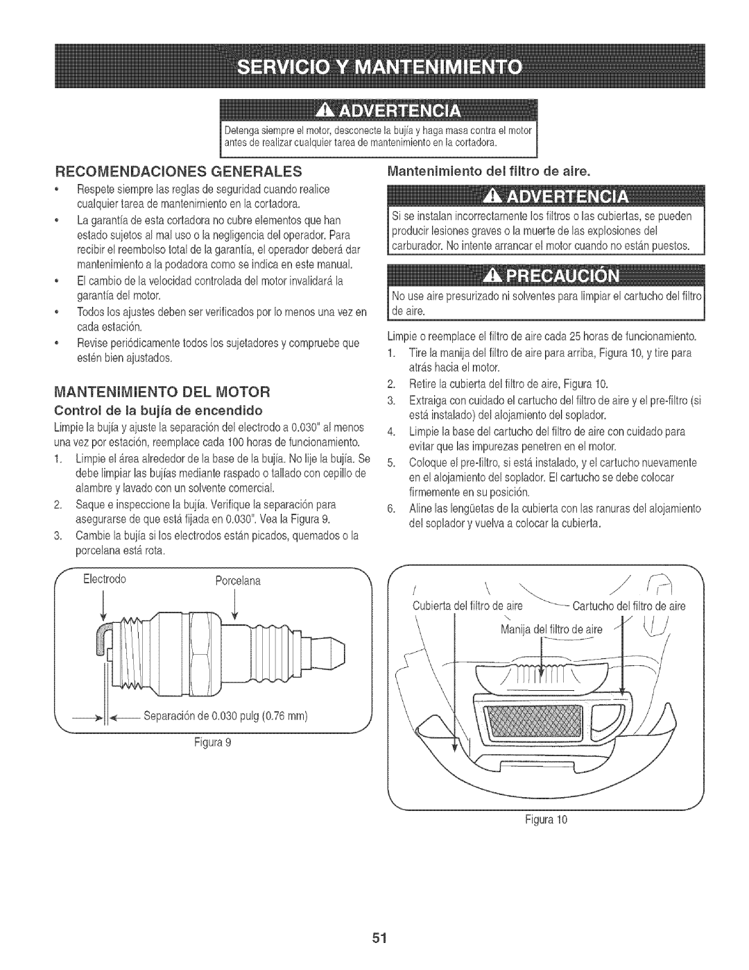 Craftsman 247.88933 manual RECOMENDACmONES Generales, MANTENmMIENTO DEL Motor, Controm de la buja de encendido, Ebctrodo 