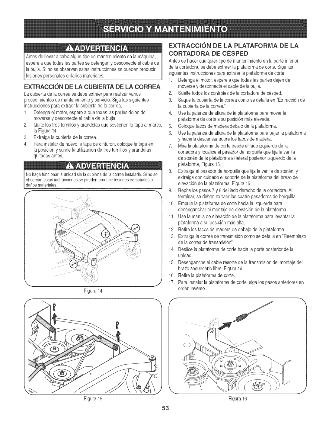 Craftsman 247.88933 manual Extraccksn DE LA Cubierta DE LA Correa, EXTRACCI6N DE LA Plataforma DE LA Cortadora DE Cesped 