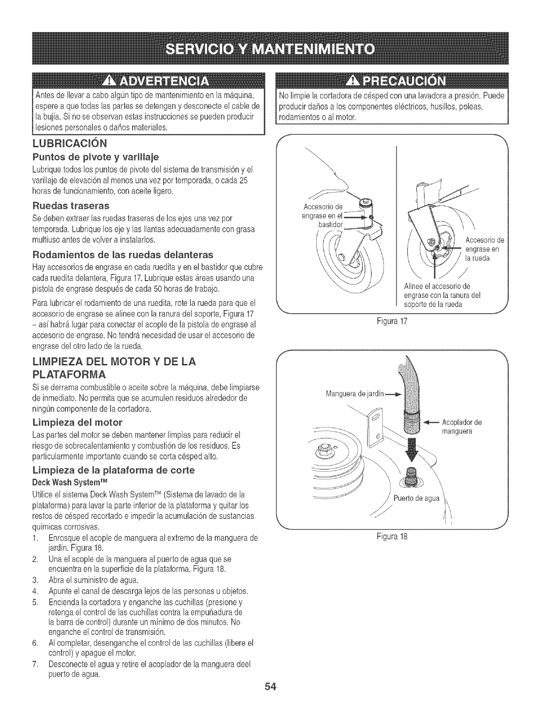 Craftsman 247.88933 manual Lubricacion, Puntos de pivote y varillaje, Limpieza deJ motor, Alineeelaccesoriode, Puertodeagua 