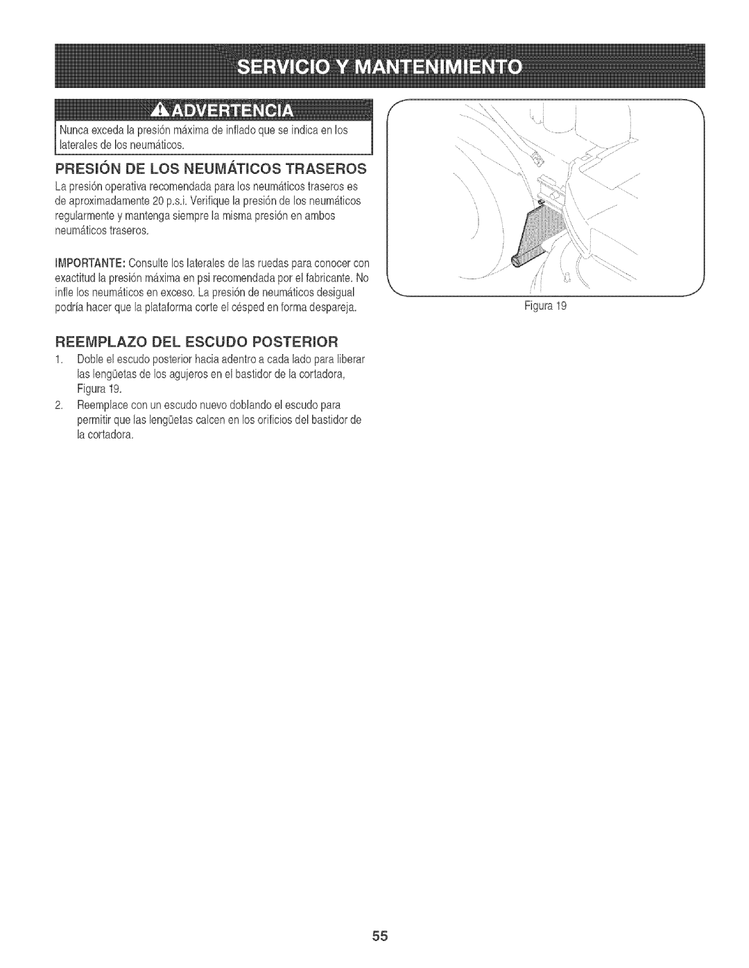 Craftsman 247.88933 manual Presion DE LOS NEUMATmCOS Traseros, Reemplazo DEL Escudo Posterior 