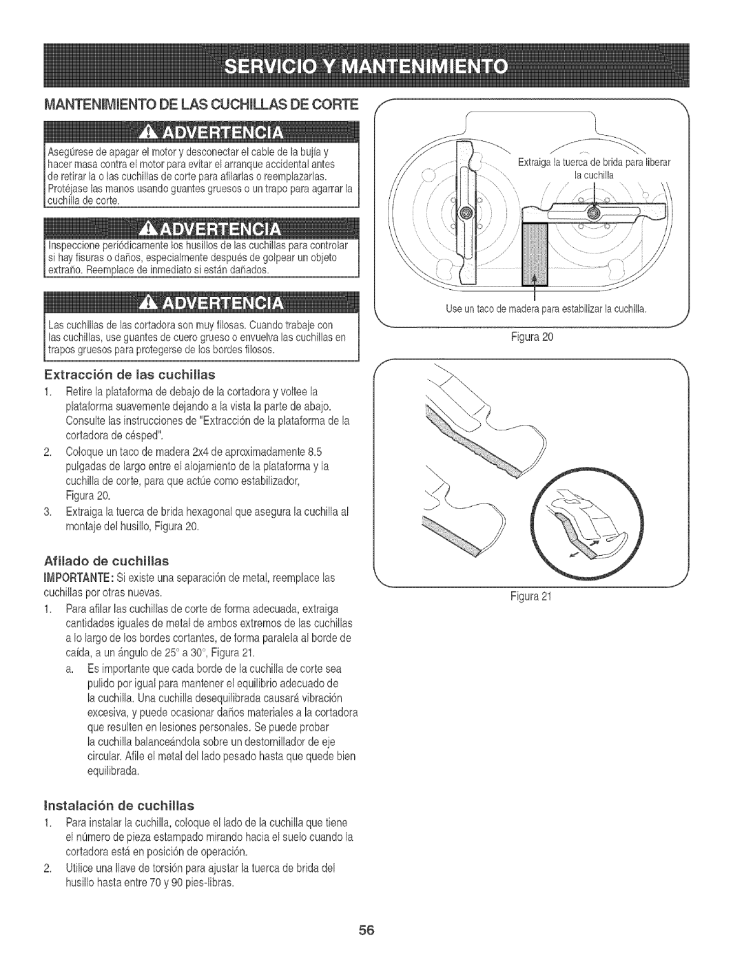 Craftsman 247.88933 manual Mantenjmjentode LAS Cuchjllas DE Corte, JnstaJaci6n de cuchiJJas 