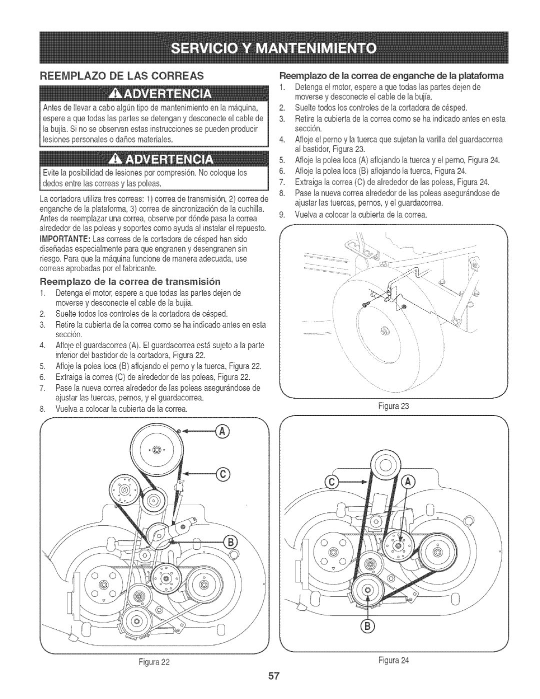 Craftsman 247.88933 manual Reemplazo de la correa de transmisi6n, Vuelvaacolocarlacubiertade lacorrea 