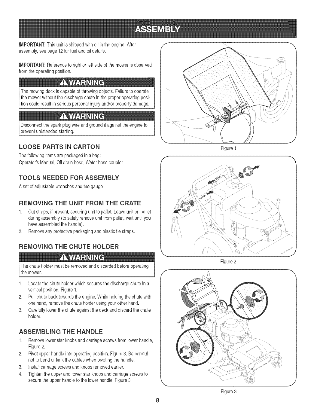 Craftsman 247.88933 manual Loose Parts, Tools Needed For Assembly, Removing the Chute Holder, Assembling the Handle 