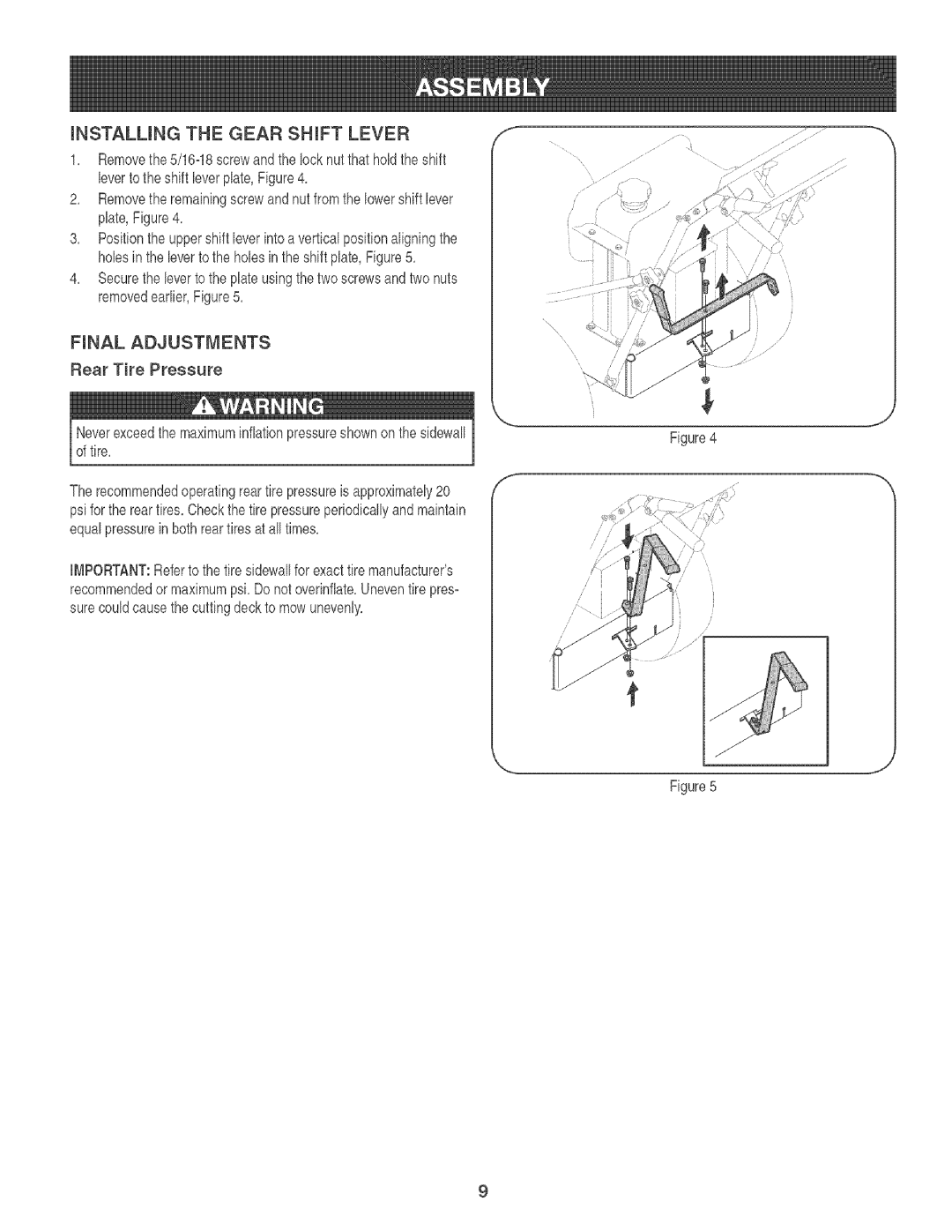 Craftsman 247.88933 manual MNSTALLmNG the Gear Shift Lever, Final Adjustments, Rear Tire Pressure 