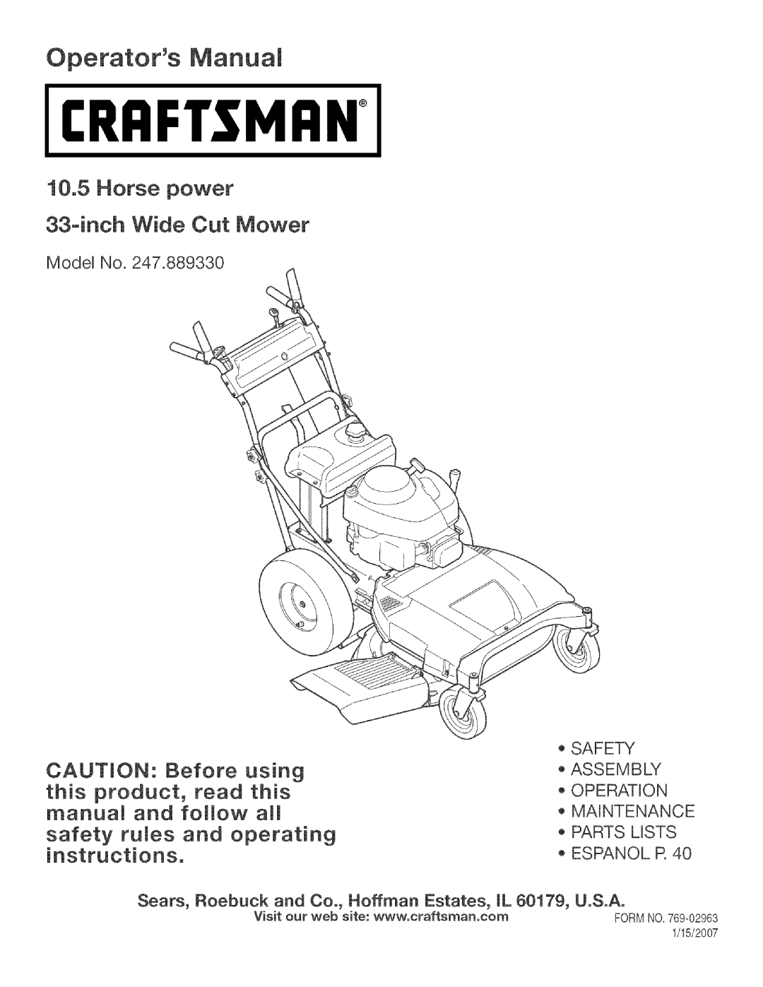 Craftsman 247.88933 manual Operators Manuam, Horse power 33-inch Wide Cut Mower, safety fumes and operating, Model No 