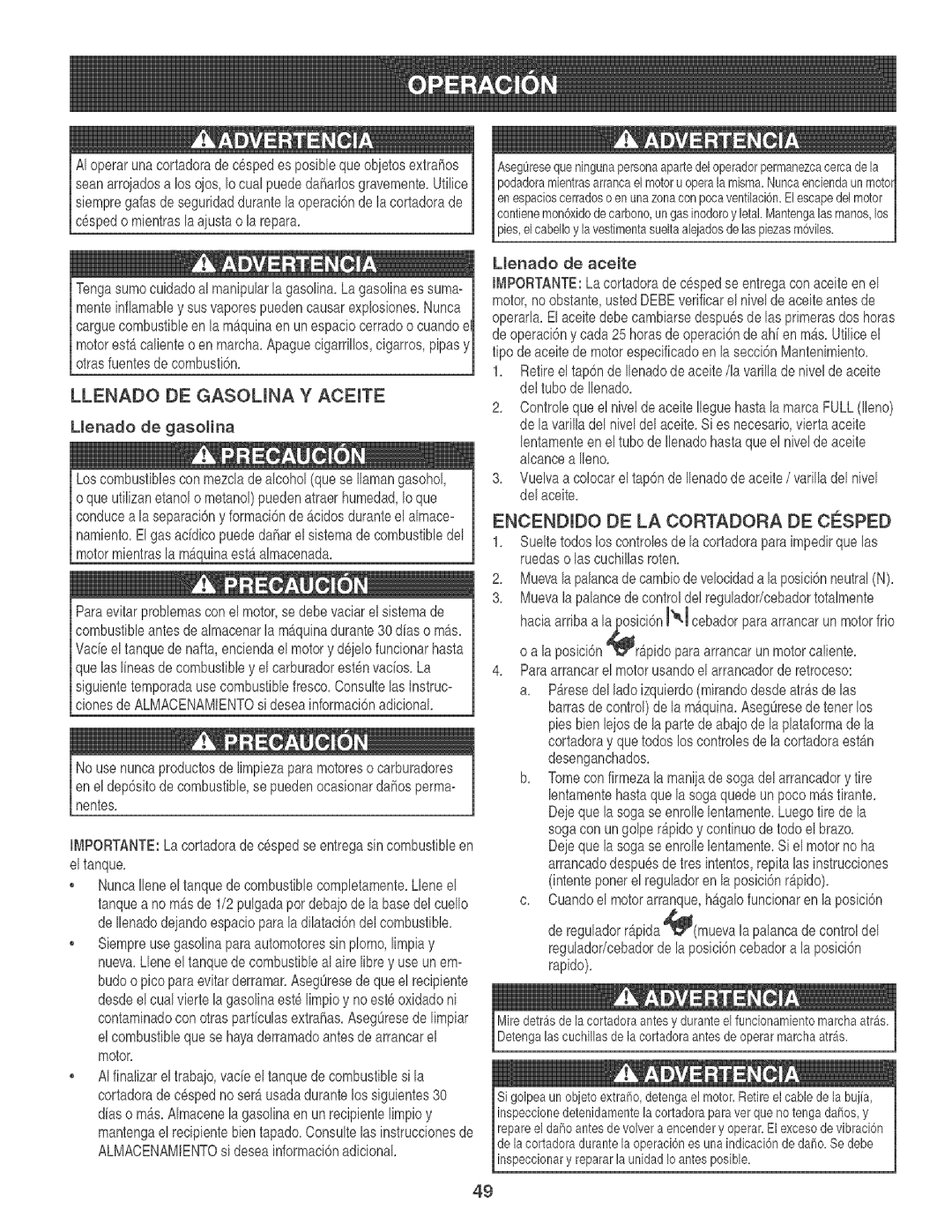 Craftsman 247.88933 manual Llenado De Gasouna Y Aceite, Encendido De La Cortadora De Co:Sped 