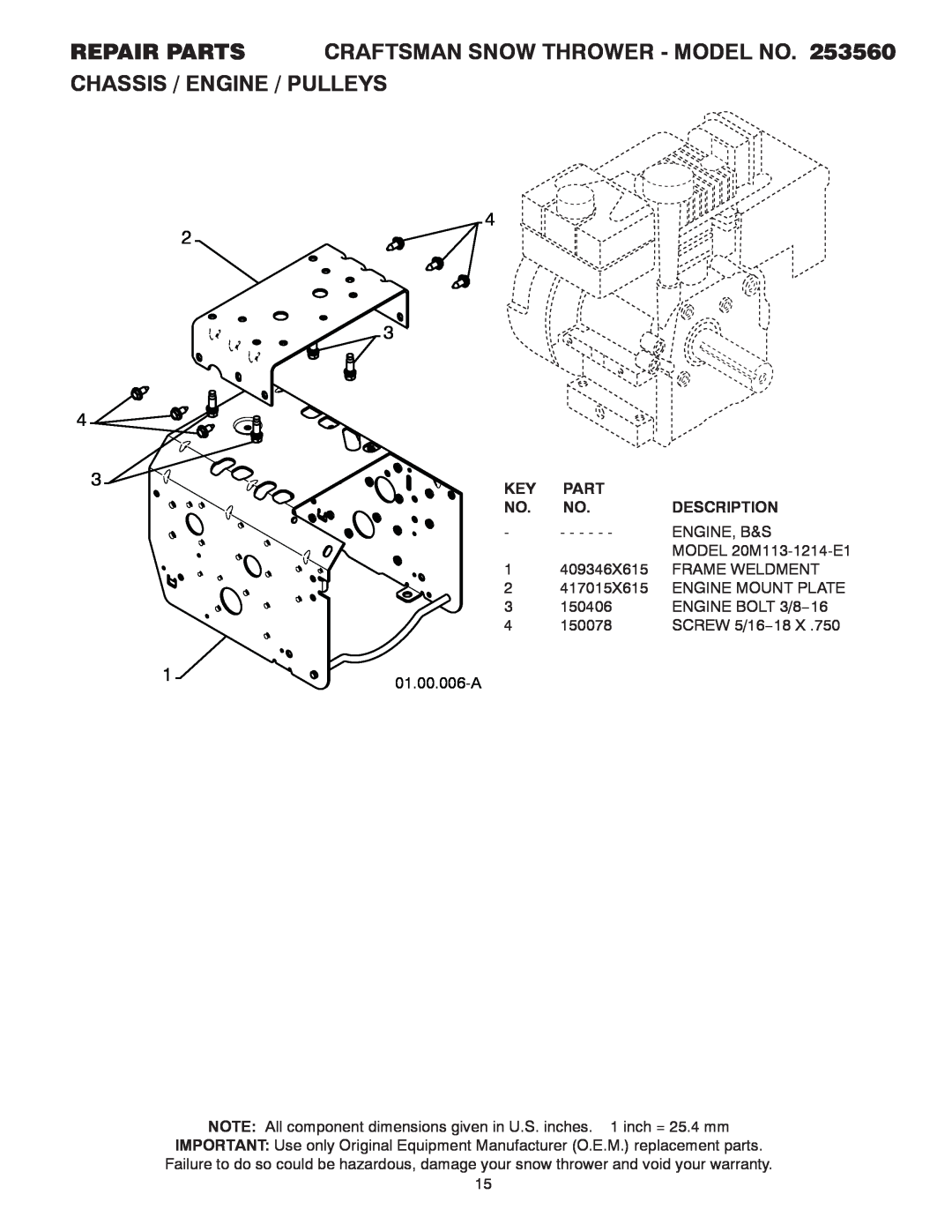 Craftsman 253560 manual 01.00.006-A, Part, Description 