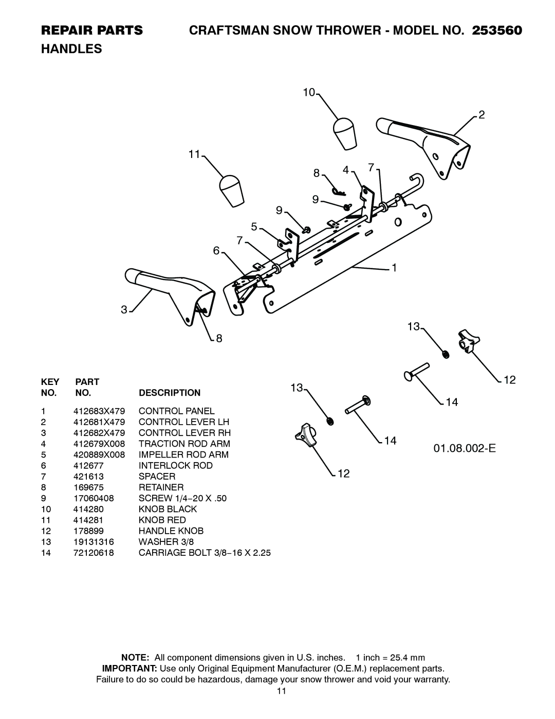 Craftsman 253560 Control Panel, Control Lever LH, Control Lever RH, Traction ROD ARM, Impeller ROD ARM, Interlock ROD 