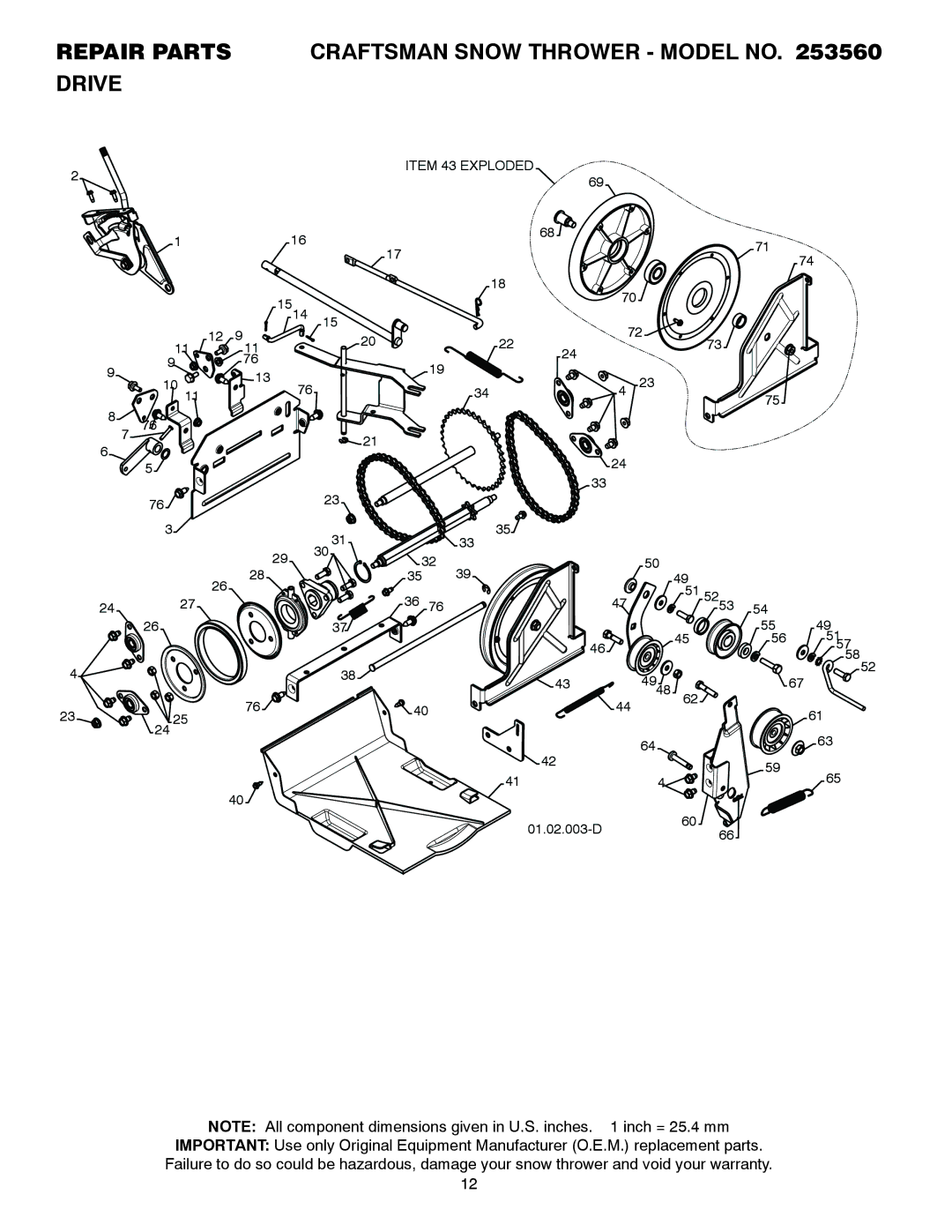 Craftsman 253560 manual Repair Parts Craftsman Snow Thrower Model no Drive 