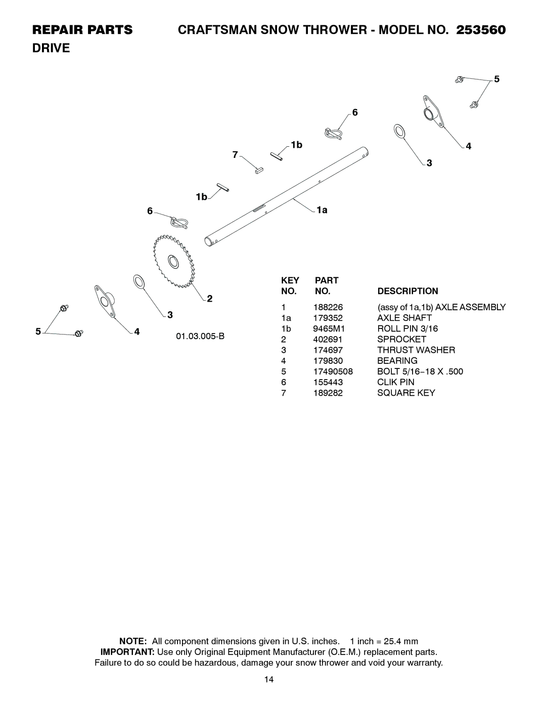 Craftsman 253560 manual Axle Shaft, Roll PIN 3/16, Sprocket, Clik PIN 