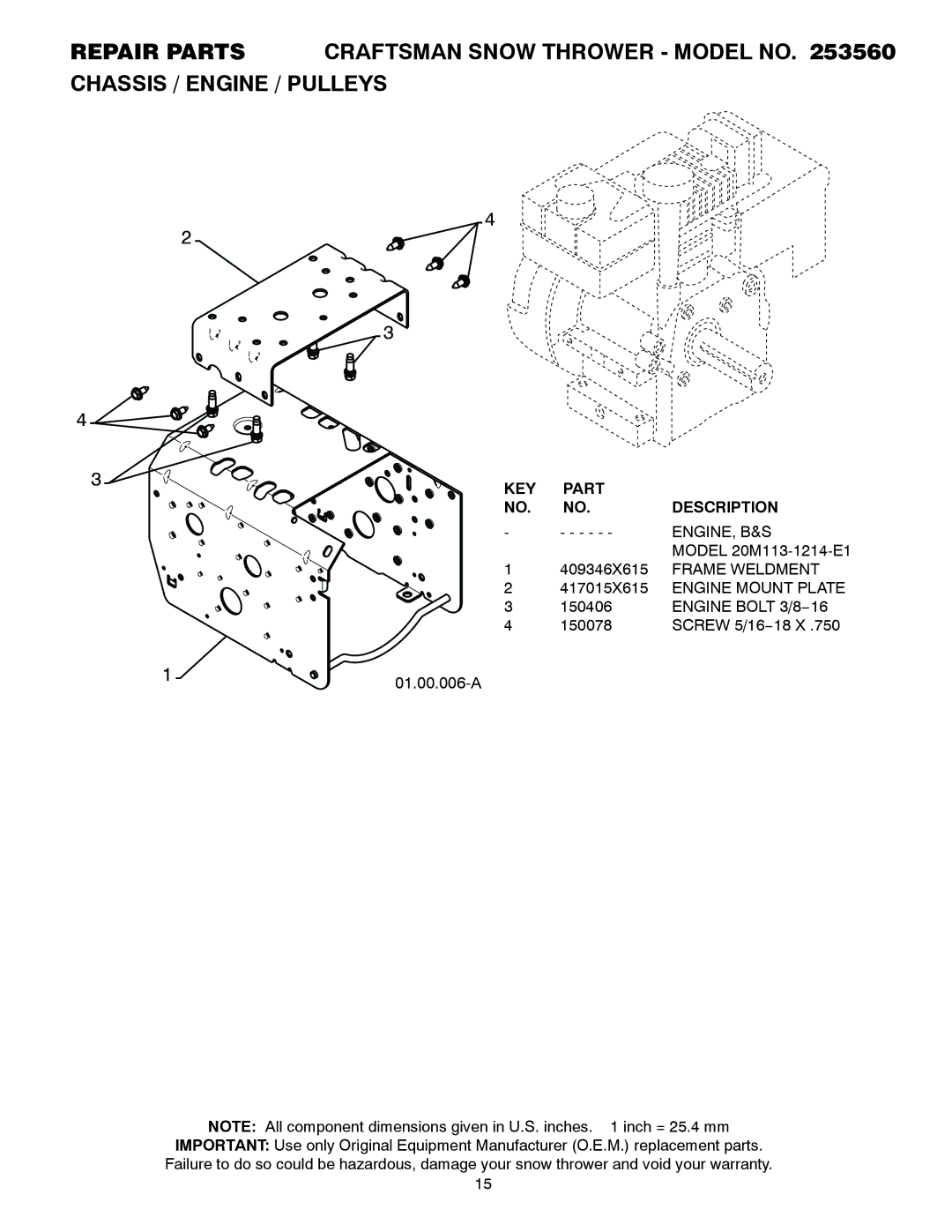 Craftsman 253560 manual Engine, B&S, Frame Weldment, Engine Mount Plate, Engine Bolt 3/8−16 