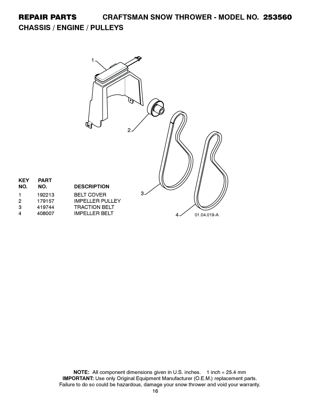 Craftsman 253560 manual Belt Cover, Traction Belt, Impeller Belt 