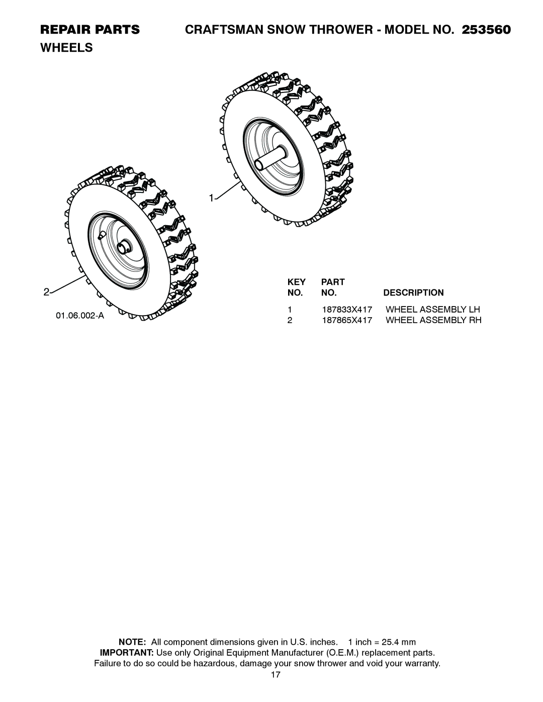 Craftsman 253560 manual Repair Parts Craftsman Snow Thrower Model no Wheels, Wheel Assembly LH 