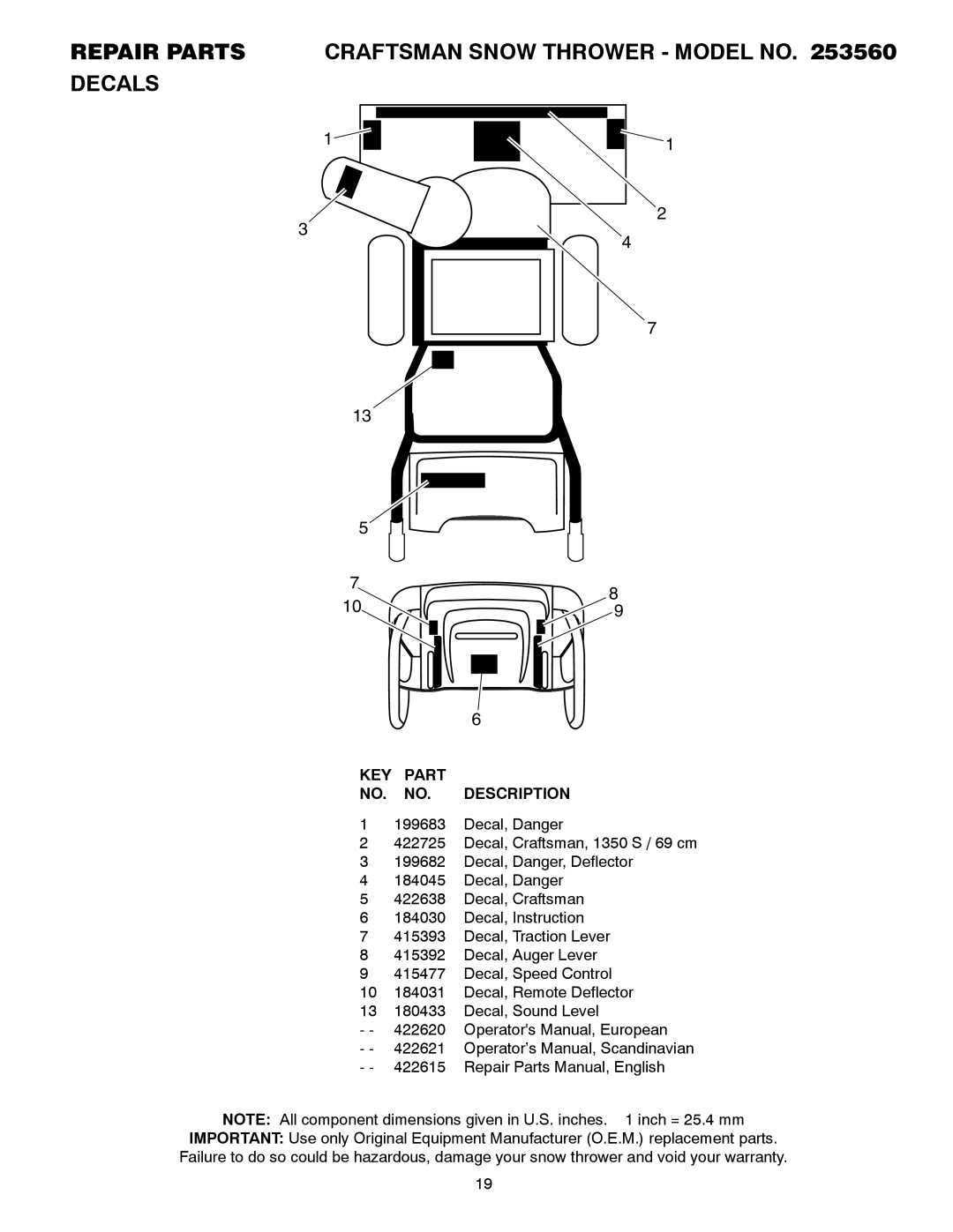 Craftsman 253560 manual Repair Parts Craftsman Snow Thrower Model no Decals, KEY Part NO. NO. Description 