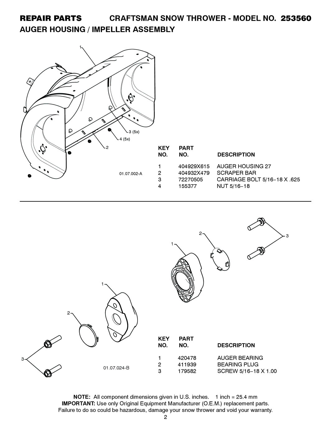 Craftsman 253560 manual KEY Part Description, Auger Housing, Scraper BAR, Auger Bearing, Bearing Plug 