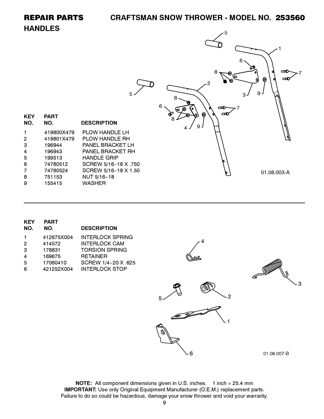 Craftsman 253560 Plow Handle LH, Plow Handle RH Panel Bracket LH Panel Bracket RH, Handle Grip, Washer, Interlock Spring 