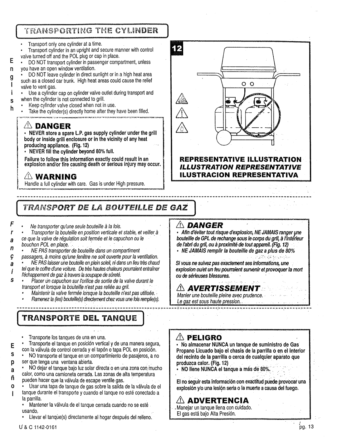 Craftsman 258.1240100 manual Warning, NEJAMAISremplirla bouteilledegaz a plus de 80% 