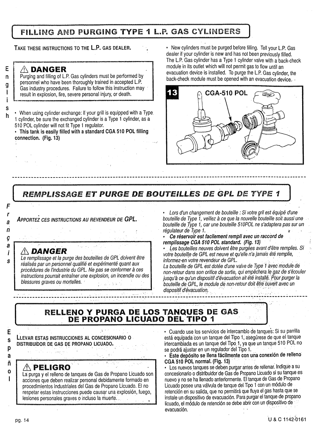 Craftsman 258.1240100 manual Filling and Purging Type 1 L.P, GAS Cylinders J, Relleno Y Purga DE LOS DE Propano Licuado 