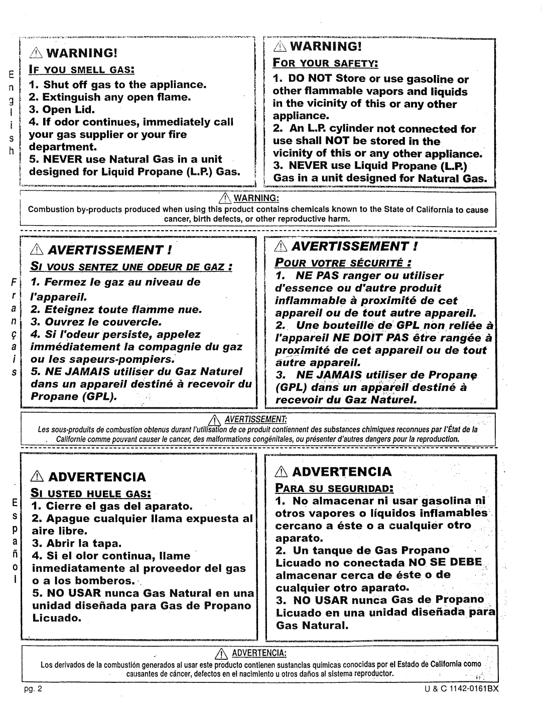 Craftsman 258.1240100 manual Warnng, Avertissement, Advertencia, SI vous Sentez UNE Odeur DE GAZ, Pour Votre Scurite 