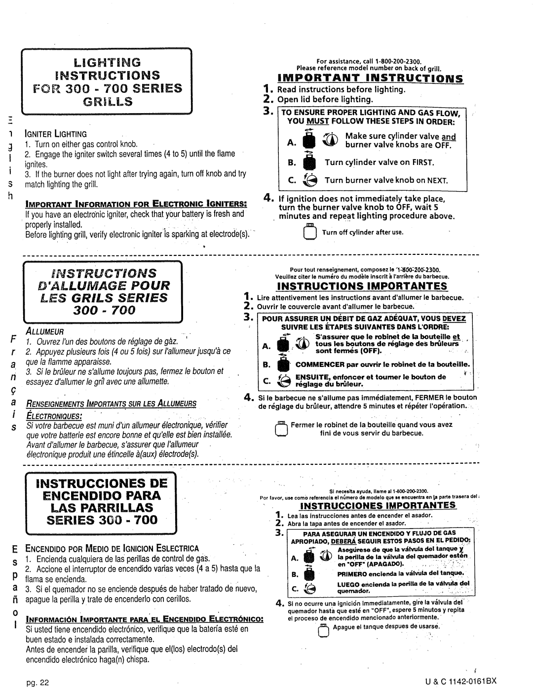 Craftsman 258.1240100 manual Instructions, Grills, Dallumage Pour LES Grils Series 300, Instrucciones Encendido Para 