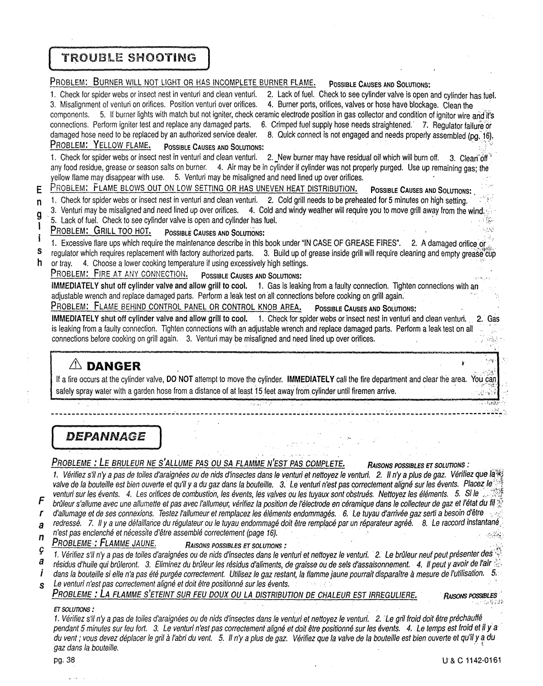 Craftsman 258.1240100 Problem YELLOWFLAME, Possible Causes and Solutions, PROBLEME. Flammejaune, Gaz clansla bouteille 