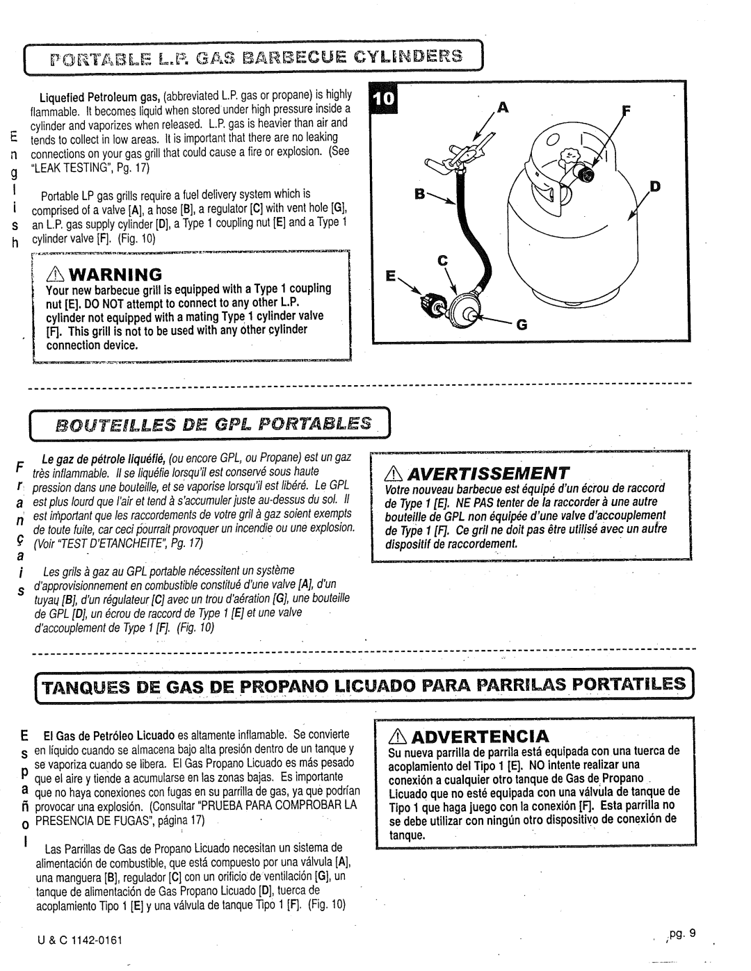 Craftsman 258.1240100 Awarning, Tanques DE GAS DE PROPANe Licuado Para Parrilas Portatlesj, Bguteilles DE GPL Portables 