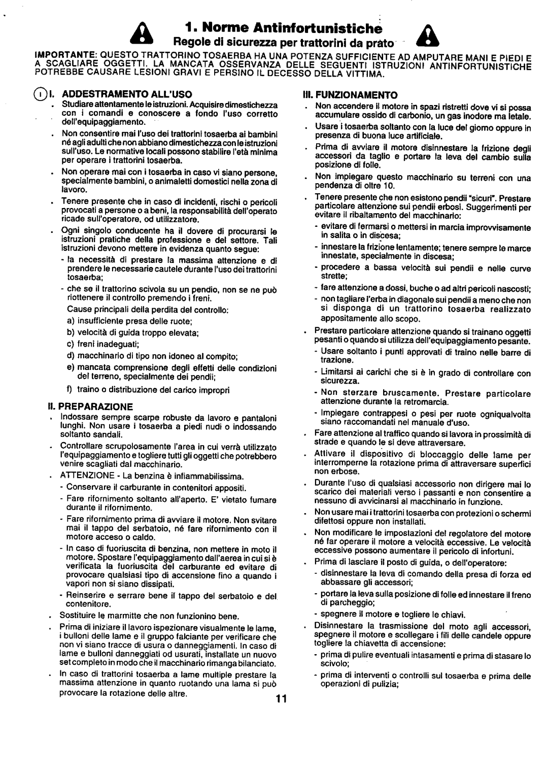 Craftsman 25949 instruction manual Regole di sicurezza per trattorini da prato, II. Preparazione 