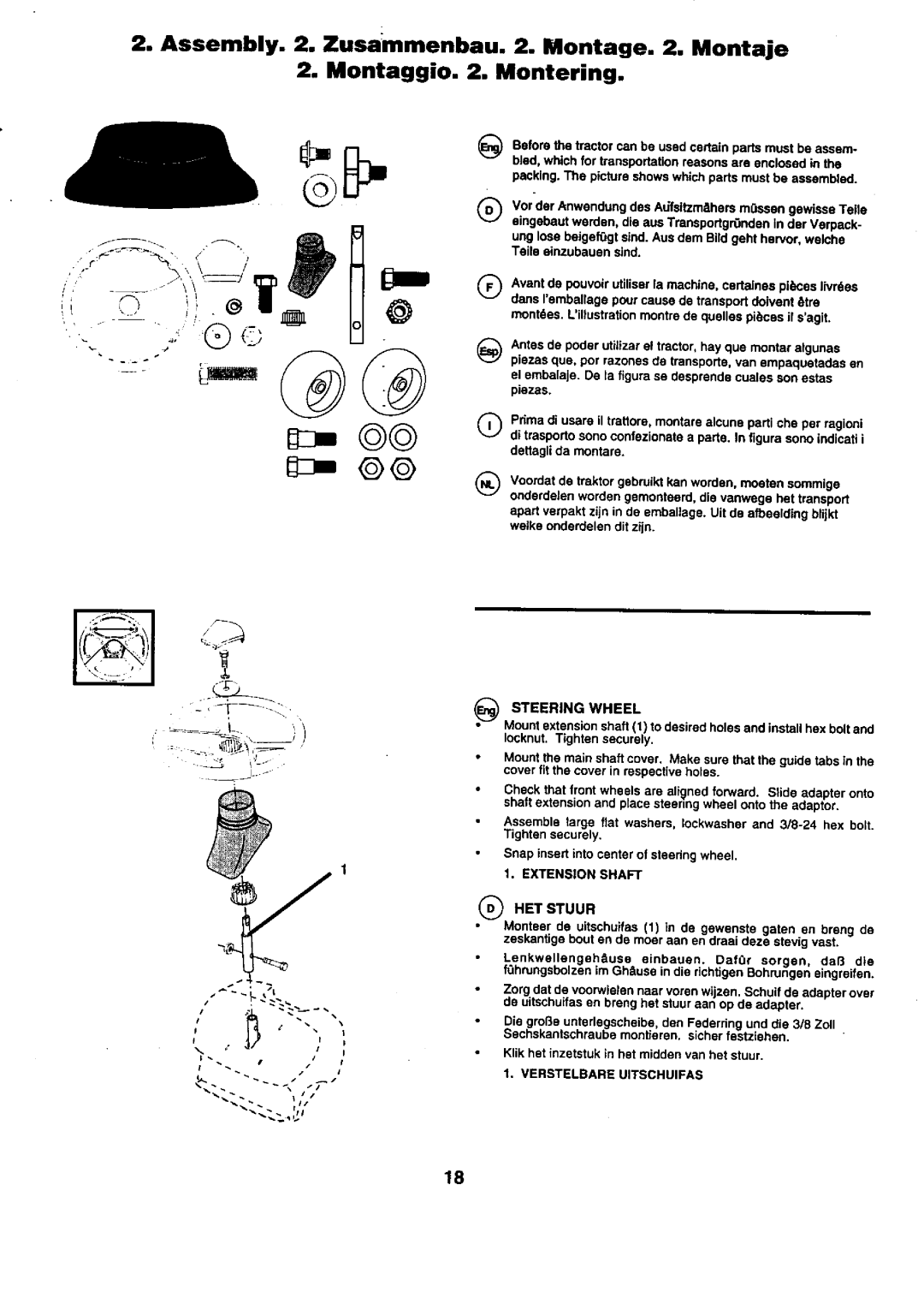 Craftsman 25949 instruction manual Steering Wheel, Extension Shaft HET Stuur, Verstelbare Uitschuifas 