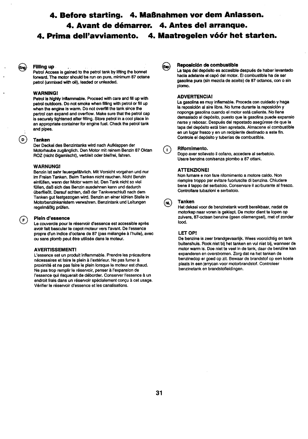 Craftsman 25949 instruction manual Filling up, Rifomlmento, Tanken, Iood, Let Op 