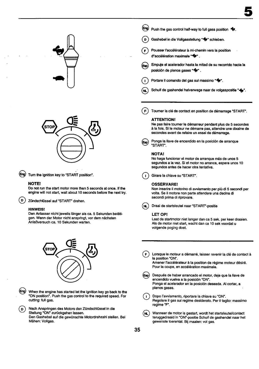 Craftsman 25949 instruction manual Girare la chiavesu Start, Hinweis, Notai 