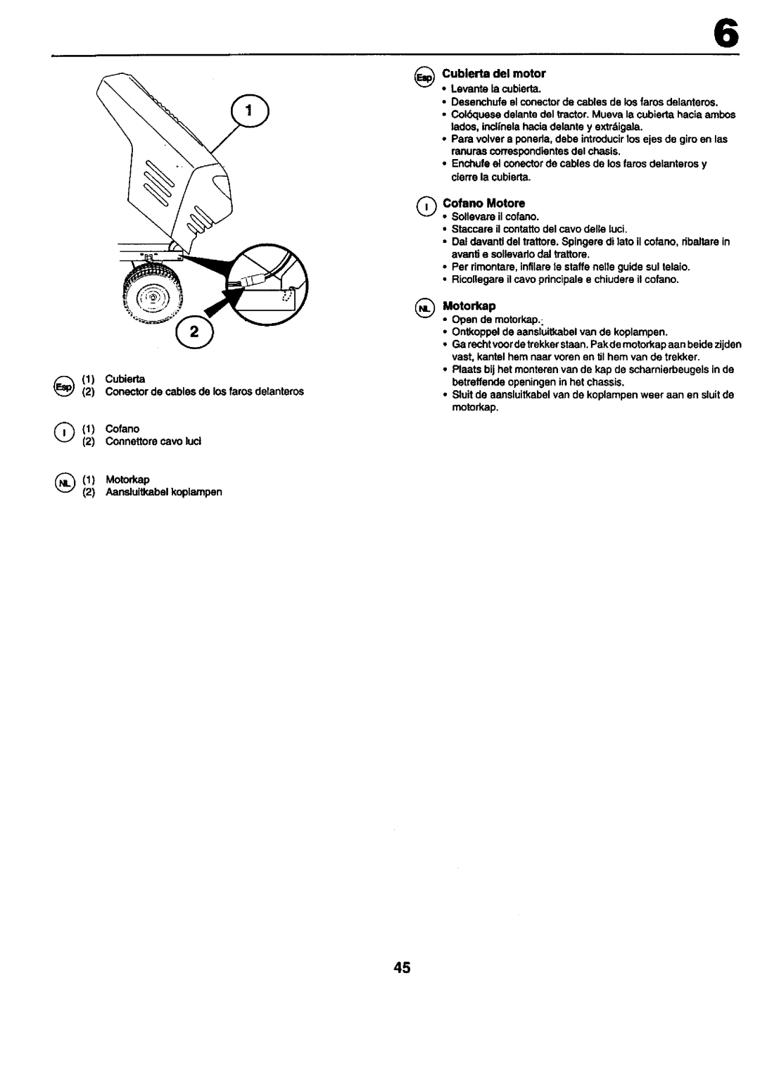 Craftsman 25949 instruction manual Cubierta Conectorde cablesde losfarosdelanteros, Connattorecavolucl 