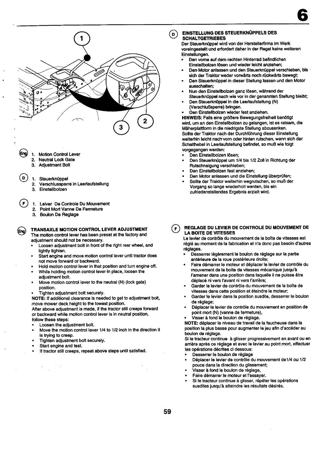 Craftsman 25949 instruction manual Einstellung DES Steuerknoppels DES Schaltgetriebes 