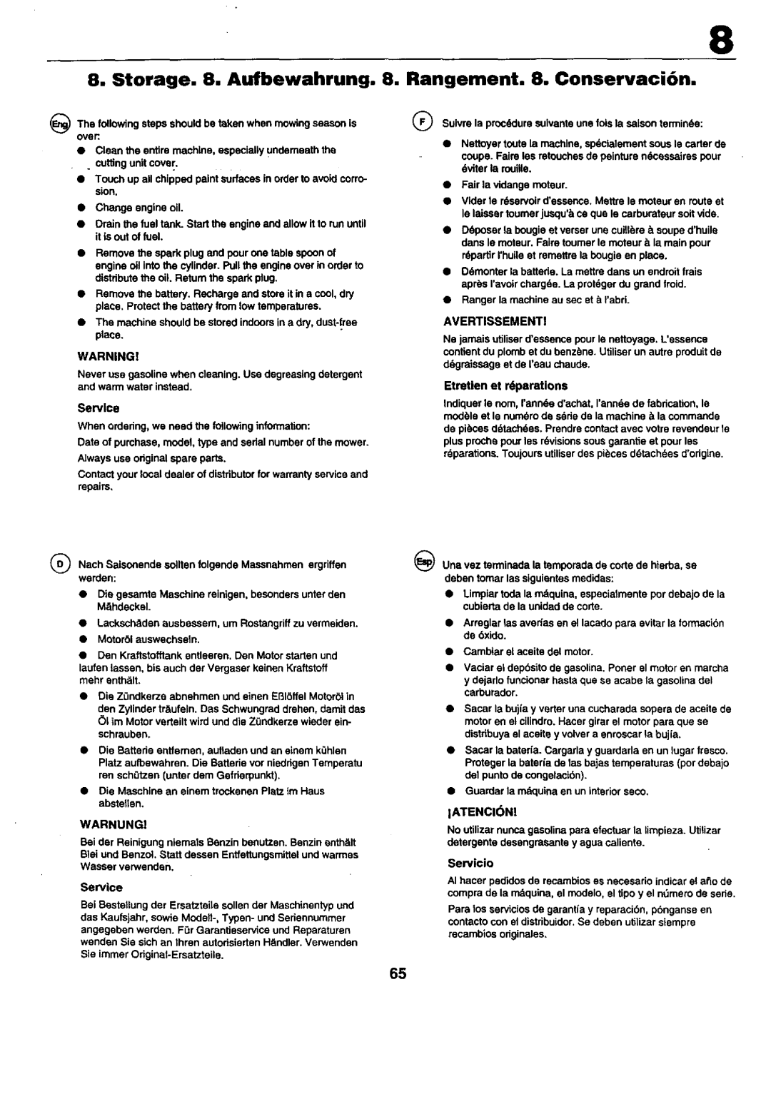 Craftsman 25949 instruction manual Storage , Aufbewahrung, Rangement . Conservaci6n, Service, Servicio, IATENCI6N 