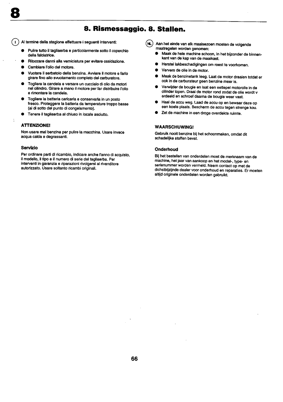 Craftsman 25949 instruction manual Rismessaggio, Stallen, Servlzlo, Onderhoud 