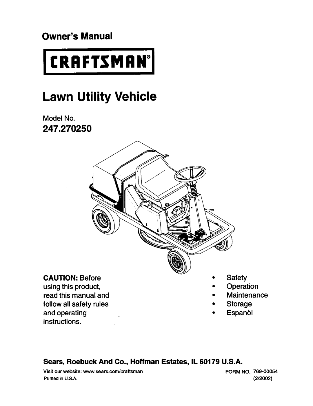 Craftsman 247, 270, 250 owner manual Form no, 2002 