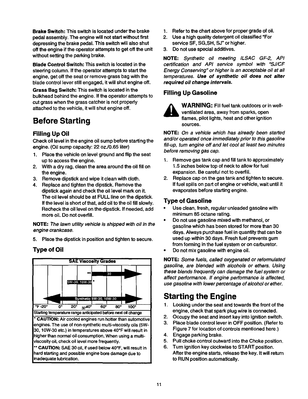 Craftsman 250, 270, 247 owner manual Before Starting, Starting the Engine, Filling Up Oil, Type of Oil, SAE Viscosity Grades 