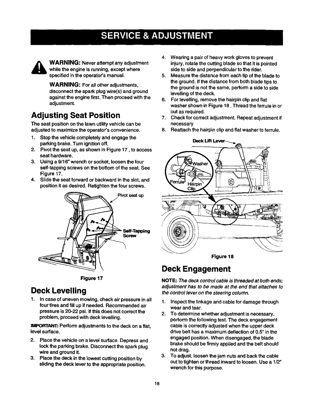 Craftsman 270, 247, 250 owner manual Deck Engagement, Adjusting Seat Position, Deck Levelling, Ciip 